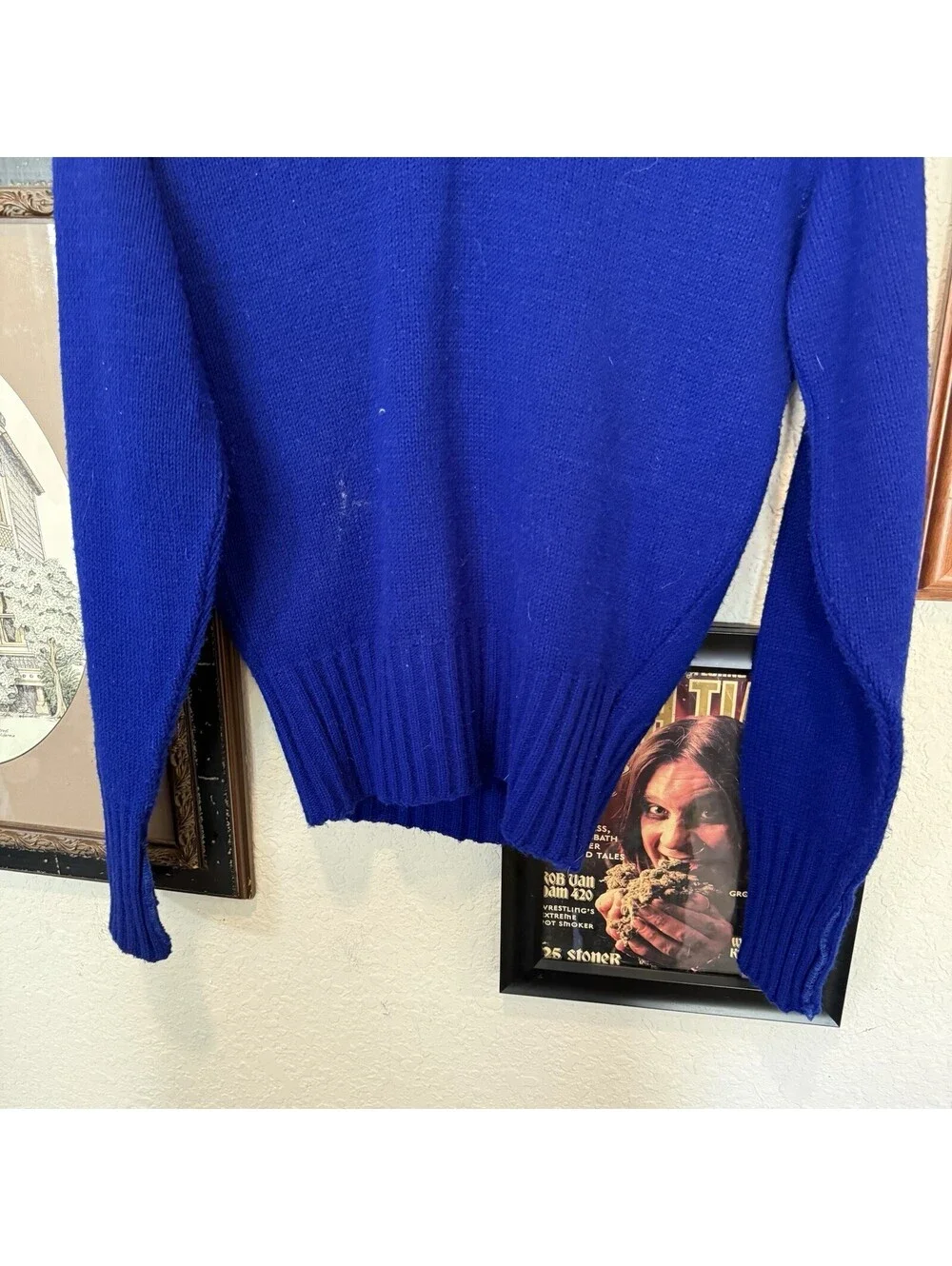 Vintage 50s/60s RARE Keller Sports OKC Blue Wool Cheer Knit Sweater Size Medium